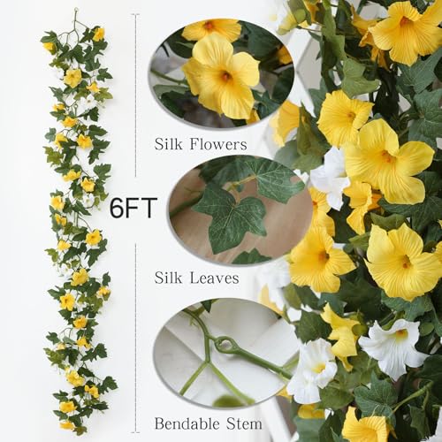 Mizii Artificial Petunias Flower Vines Garland 6 Feet Yellow Faux Morning Glory Silk Flowers Garland UV Resistant Fake Hanging Vines Plants Decorations for Outdoor Garden Indoor Home Decor (Yellow) - Image 2