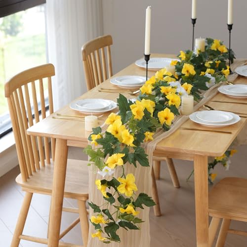 Mizii Artificial Petunias Flower Vines Garland 6 Feet Yellow Faux Morning Glory Silk Flowers Garland UV Resistant Fake Hanging Vines Plants Decorations for Outdoor Garden Indoor Home Decor (Yellow) - Image 3