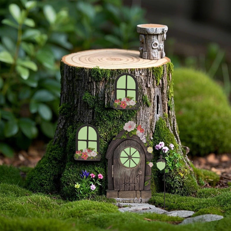 FESTGLOX Fairy Door and Windows for Tree, Glow in the Dark Fairy Garden Miniature Accessories for Tree Stump Decor, Resin Fairy House Kit with Fairy Lantern for Gnome, Outdoor Yard, Lawn, Garden Decor - Image 2