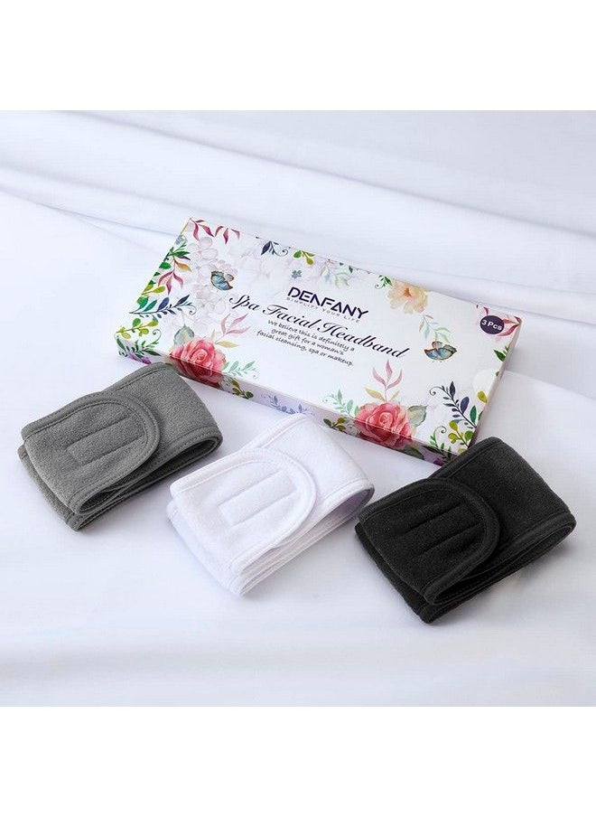DENFANY - Spa Headband 3 Pack Ultra Soft Adjustable Face Wash Headband Terry Cloth Stretch Make Up Wrap For Face Washing Shower Facial Mask Yoga (Black + White + Gray) - Image 1