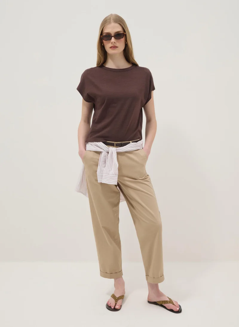 Ovs OVS Brown Cotton-Linen Blend Short-Sleeve T-Shirt, Regular Fit