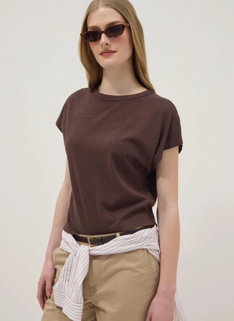 Ovs OVS Brown Cotton-Linen Blend Short-Sleeve T-Shirt, Regular Fit