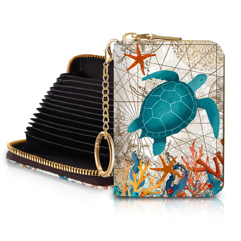 Blusabaca RFID Credit Card Holder Wallets for Women, Small Card Case Wallet with Keychain and Zipper, Leather Card Holder Sea Turtle Pocket Business Card Accordion Wallet - Image 1