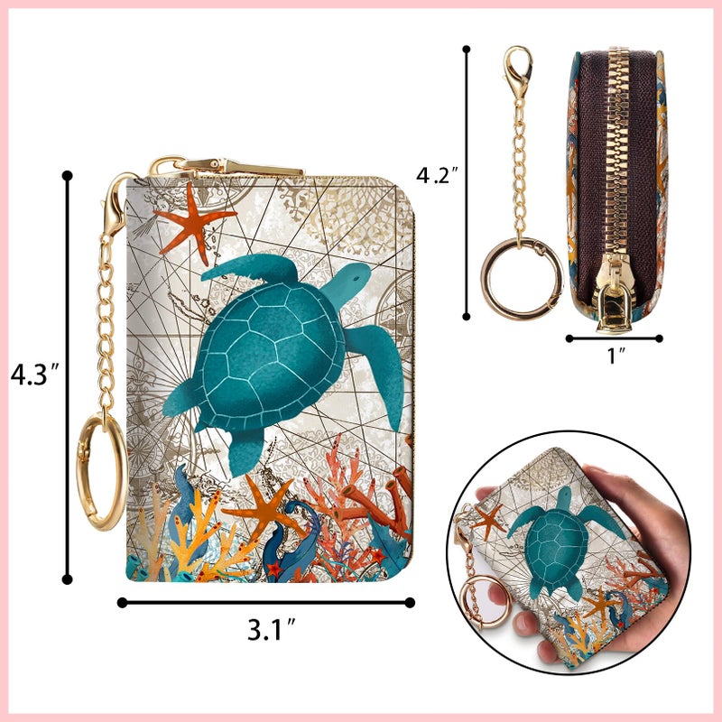 Blusabaca RFID Credit Card Holder Wallets for Women, Small Card Case Wallet with Keychain and Zipper, Leather Card Holder Sea Turtle Pocket Business Card Accordion Wallet - Image 4