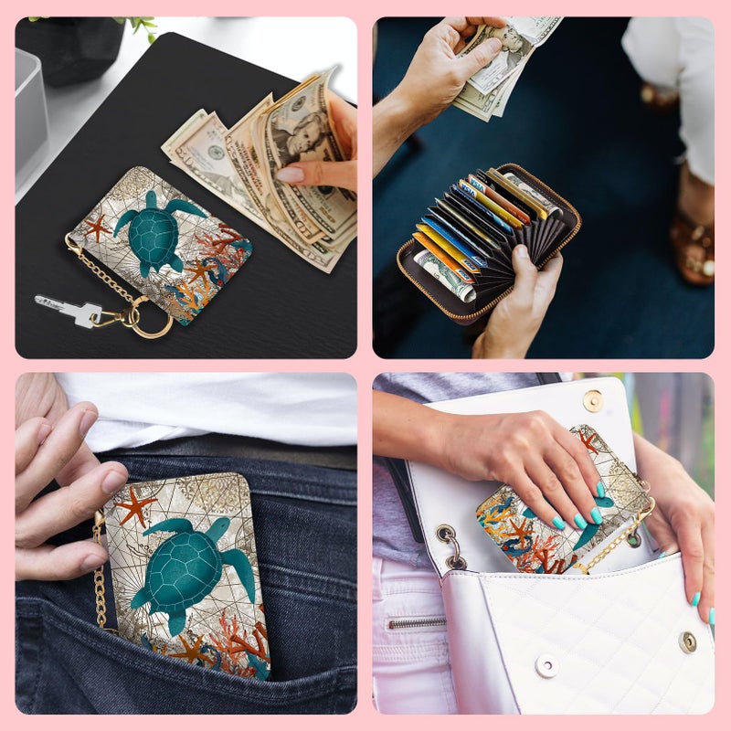 Blusabaca RFID Credit Card Holder Wallets for Women, Small Card Case Wallet with Keychain and Zipper, Leather Card Holder Sea Turtle Pocket Business Card Accordion Wallet - Image 3
