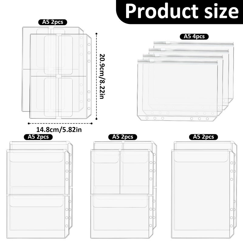 salbsever Premium Clear Binder Zipper Folders - 12PCS A5 Size 6 Holes Binder Inserts, Document Filing Bags for 6-Ring Notebook Loose Leaf Bags - Image 2