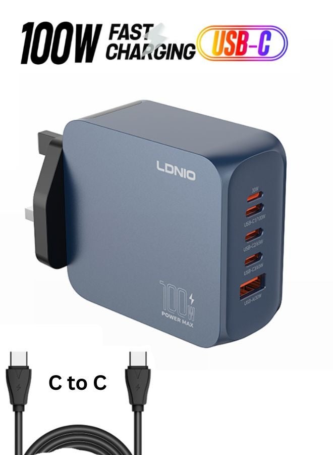 LDNIO 100W GaN Fast Charger Adapter with 3 USB-C, 1 USB-A & Lightning Port | Multi-Port PD PPS Quick Charge Charger with Smart Chip, Fireproof PC Shell, Universal Laptop & Mobile Charging, UK Plug - Image 1