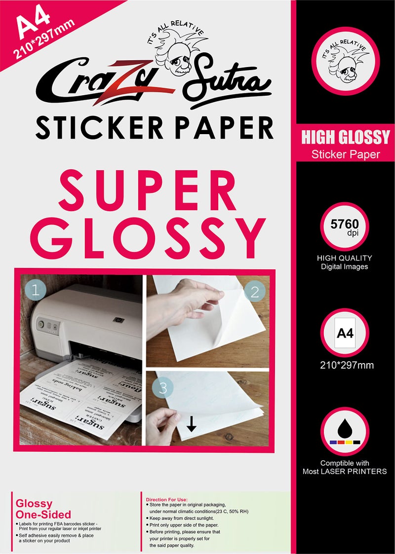 Crazy Sutra A4 Self-Adhesive Sticker Paper - 20 Glossy Sheets for Laser & Inkjet Printers, Perfect for Printing Labels, Stickers, and DIY Crafts and various printing and crafting needs - Image 1