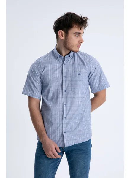 Varetta Men's Blue Short Sleeved Pocket Check Collar Buttoned Cotton Shirt