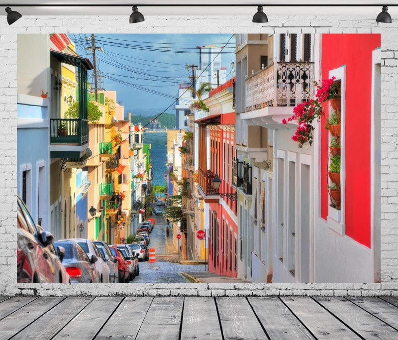 CORFOTO 7x5ft Fabric City Street Backdrop for Photography Colorful Building Houses Backdrop San Juan Puerto Rico Street Background Puerto Rico Travel Party Decorations Photoshoot Booth Studio Props - Image 1