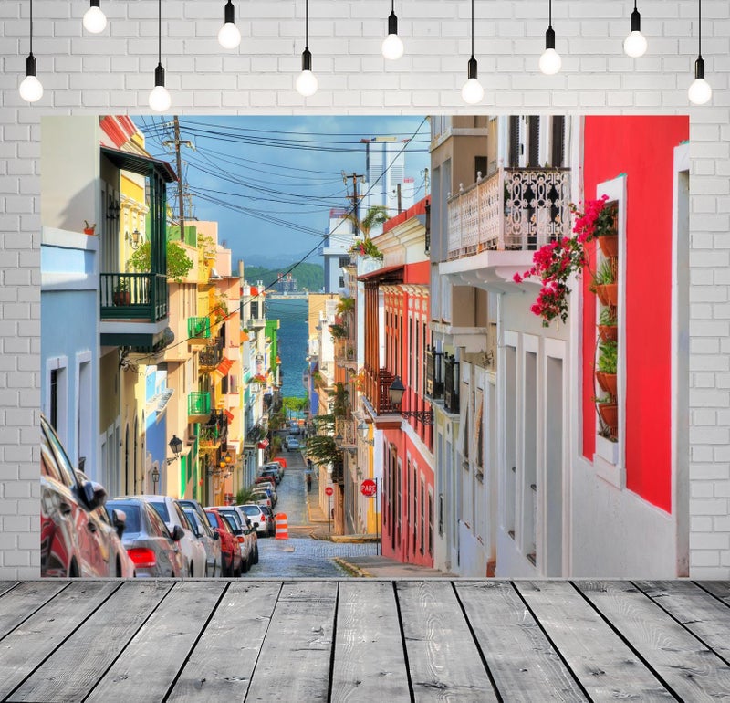 CORFOTO 7x5ft Fabric City Street Backdrop for Photography Colorful Building Houses Backdrop San Juan Puerto Rico Street Background Puerto Rico Travel Party Decorations Photoshoot Booth Studio Props - Image 3