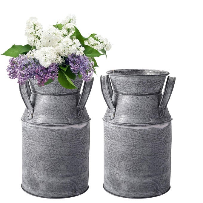 2 PACK SHABBY CHIC MILK CAN VASE GALVANIZED FINISH MILK CAN VASE JUG RUSTIC METAL FLOWER VASES PETITE BUCKET FOR HOME KITCHEN LIVING ROOM FARMHOUSE DECOR TABLE CENTERPIECES