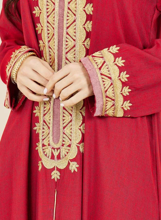 Styli Embroidered Neck Kaftan with Self Tie Belt