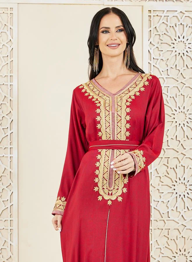 Styli Embroidered Neck Kaftan with Self Tie Belt