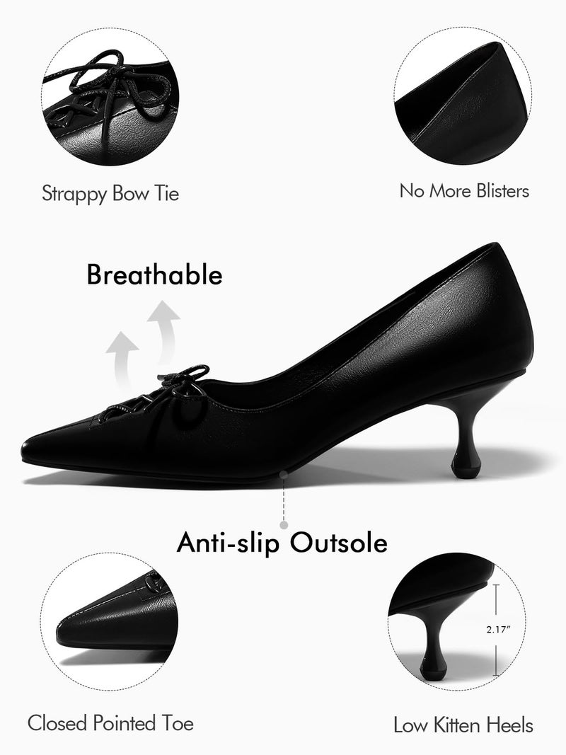 Coutgo Womens Kitten Low Heels Strappy Bow Closed Pointed Toe Slip On Dress Pumps Shoes, Black, Size 8 - Image 4