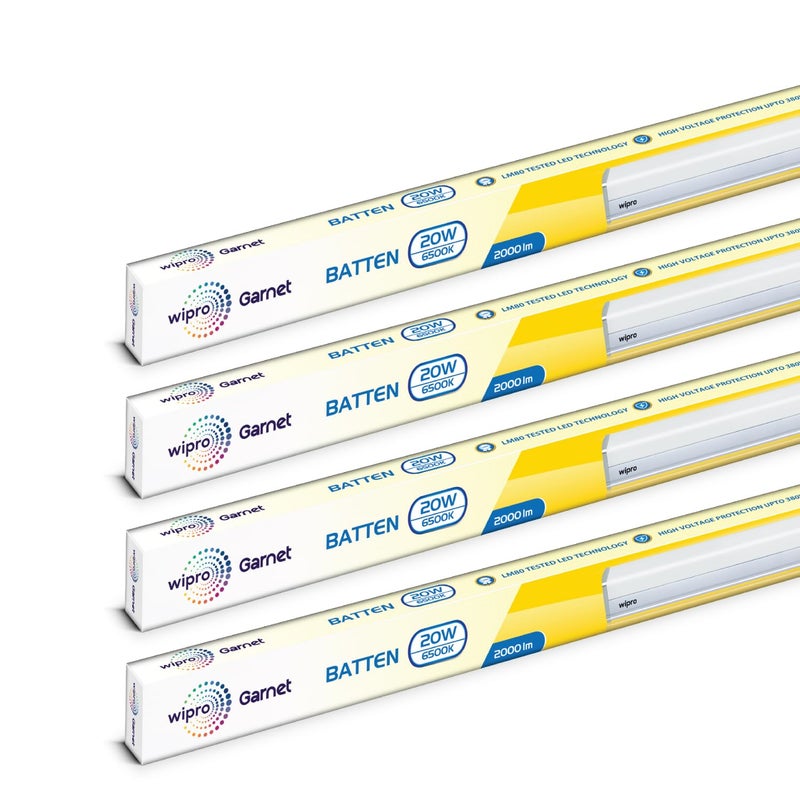 WIPRO بلاستيك بولي كربونات جارنيت 20 واط LED باتن لغرفة المعيشة وغرفة النوم | 2 قدم | ضوء أنبوب ساطع وموفر للطاقة للمنزل | ضوء نهاري بارد (6500 كيلفن) مع 2000 لومن | عبوة من 4 - Image 1