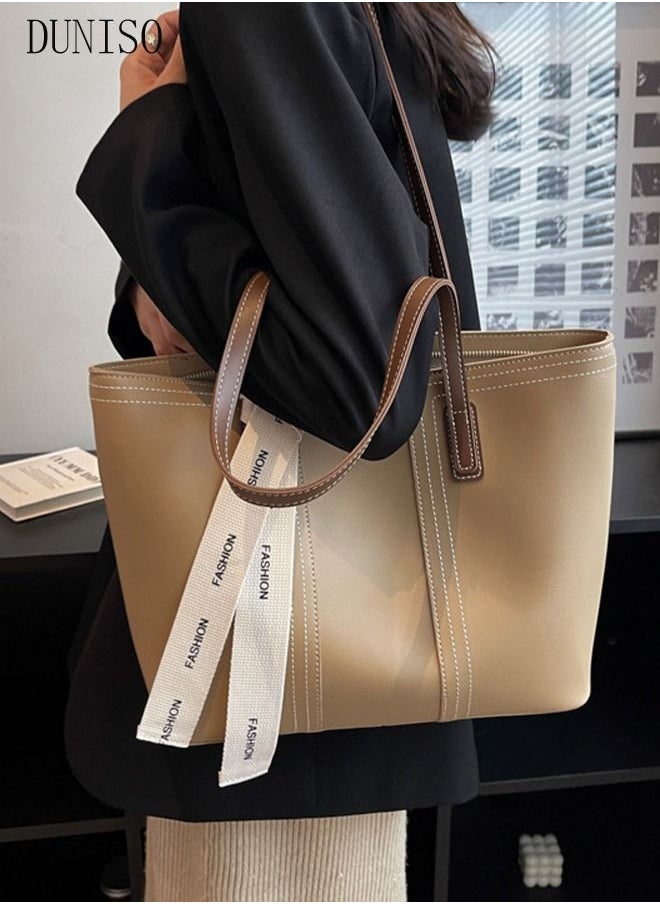DUNISO - Women's Shoulder Tote Bag Faux Leather Handbag for Women Large Capacity Bucket Bag Fashionable Travel Messenger Shoulder Bag for Ladies Girls College Students (Beige) - Image 1