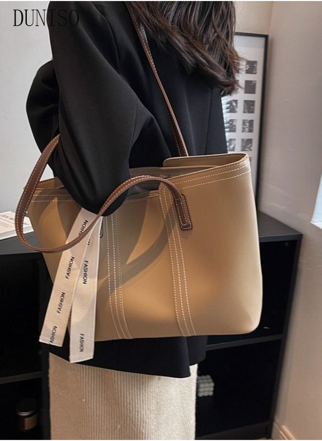 DUNISO - Women's Shoulder Tote Bag Faux Leather Handbag for Women Large Capacity Bucket Bag Fashionable Travel Messenger Shoulder Bag for Ladies Girls College Students (Beige) - Image 1