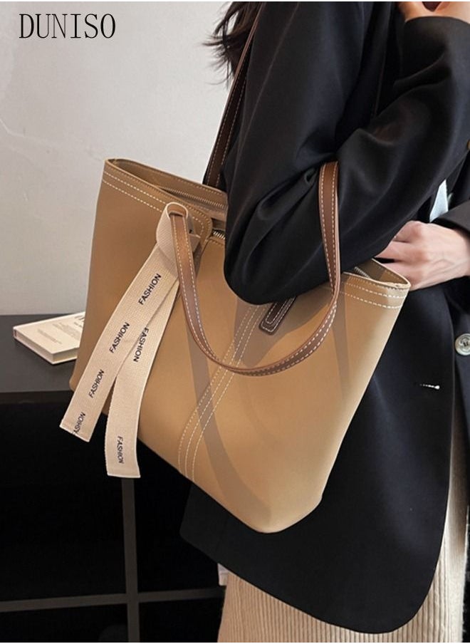 DUNISO - Women's Shoulder Tote Bag Faux Leather Handbag for Women Large Capacity Bucket Bag Fashionable Travel Messenger Shoulder Bag for Ladies Girls College Students (Beige) - Image 1