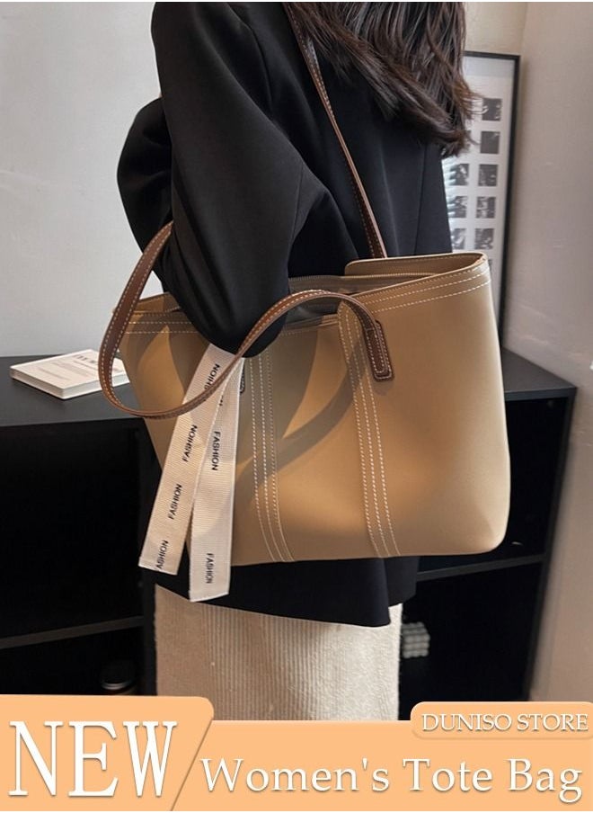 DUNISO - Women's Shoulder Tote Bag Faux Leather Handbag for Women Large Capacity Bucket Bag Fashionable Travel Messenger Shoulder Bag for Ladies Girls College Students (Beige) - Image 1