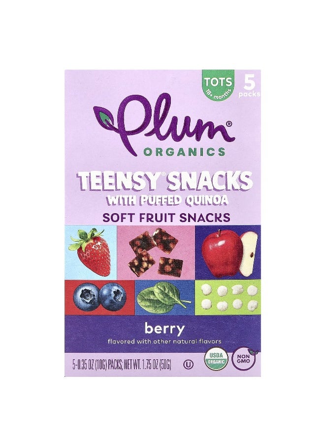 Plum Organics Plum Organics, Teensy Snacks with Puffed Quinoa, Soft Fruit Snacks, 18+ Months, Berry, 5 Packs, 0.35 oz (10 g) Each  - Image 1