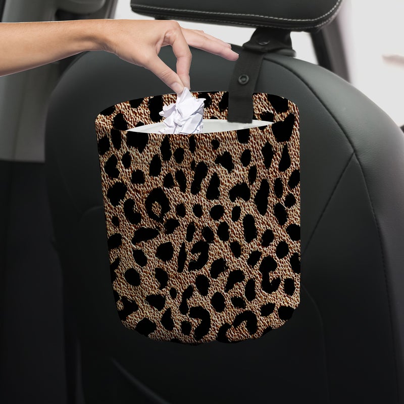 Leopard Print Fabric Close Up Car Trash Can Collapsible Reusable Automotive Garbage Bag Storage For Front Back Seat Accessories Auto Office Home - Image 1