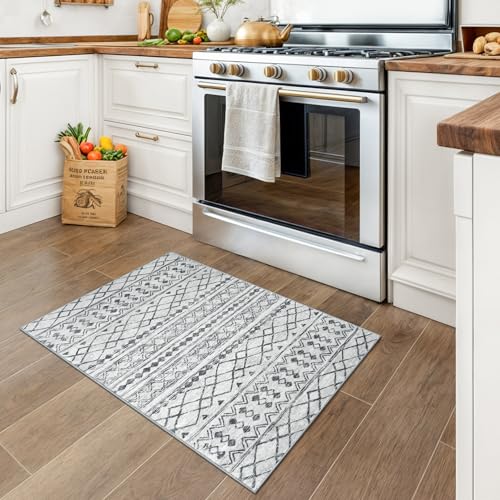 KUTA Moroccan Rugs for Entryway, 2x3 Grey Washable Small Area Rug, Non-Slip Ultra Soft Vintage Geometric Low-Pile Indoor Door Mat Floor Carpet for Indoor, Entrance, Kitchen - Image 3
