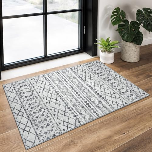 KUTA Moroccan Rugs for Entryway, 2x3 Grey Washable Small Area Rug, Non-Slip Ultra Soft Vintage Geometric Low-Pile Indoor Door Mat Floor Carpet for Indoor, Entrance, Kitchen - Image 1
