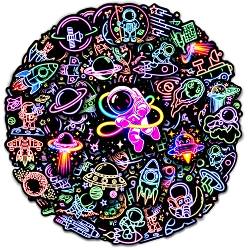 Robmoda 50 Pcs Neon Astronaut Stickers for Kids Waterproof Space Sticker for Water Bottle Vinyl Laptop Decals for Teens Girls Boys Students Adults Sticker Pack - Image 1