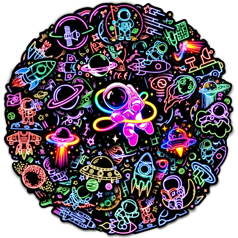 Robmoda 50 Pcs Neon Astronaut Stickers for Kids Waterproof Space Sticker for Water Bottle Vinyl Laptop Decals for Teens Girls Boys Students Adults Sticker Pack - Image 2