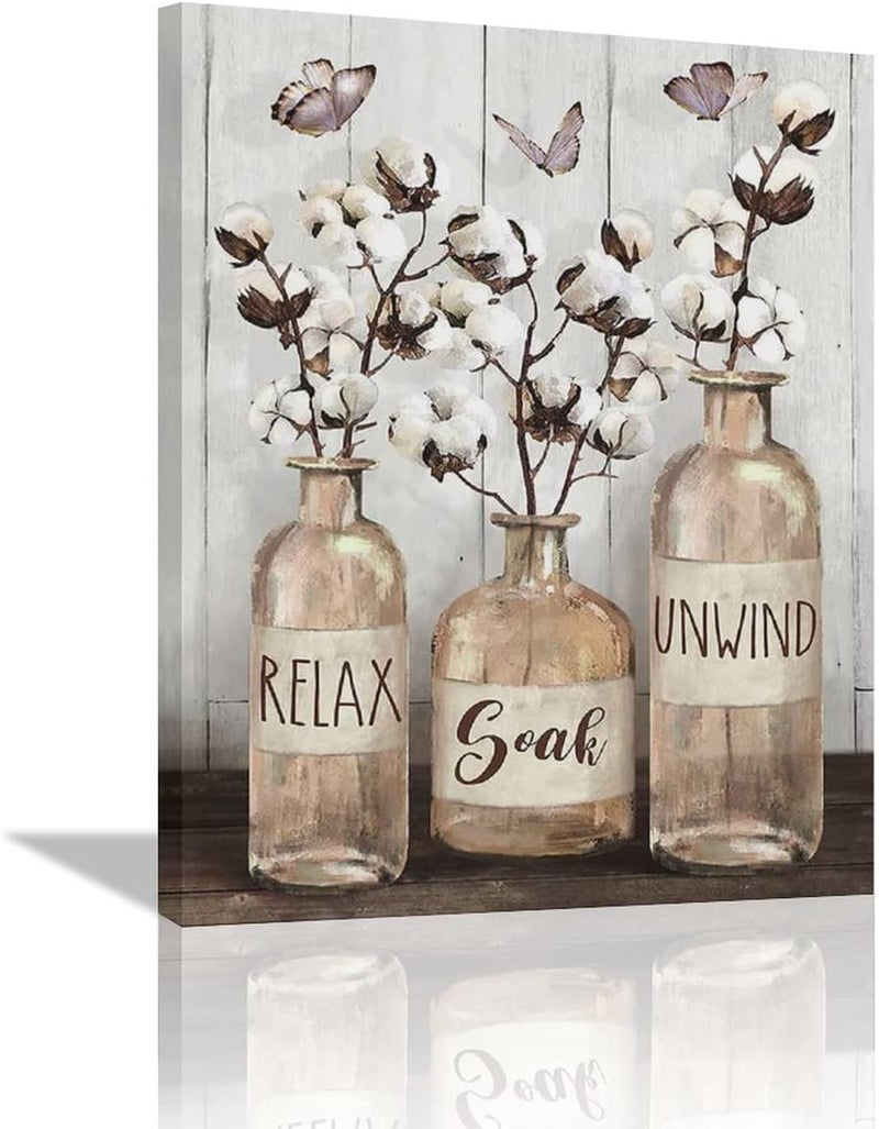 remzoke Farmhouse Bathroom Wall Art with Cotton Flowers and Butterflies - Image 1