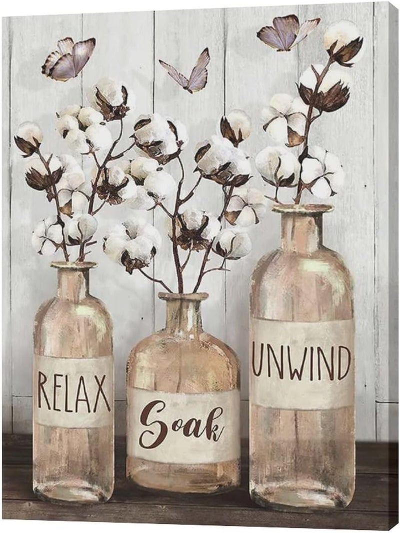 remzoke Farmhouse Bathroom Wall Art with Cotton Flowers and Butterflies - Image 2