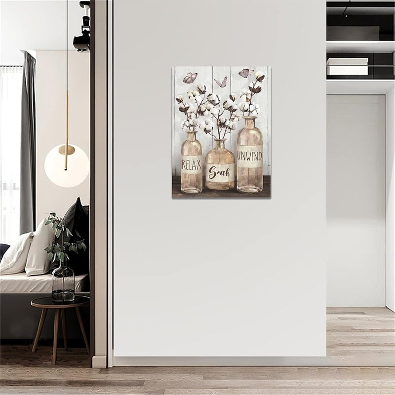 remzoke Farmhouse Bathroom Wall Art with Cotton Flowers and Butterflies - Image 4