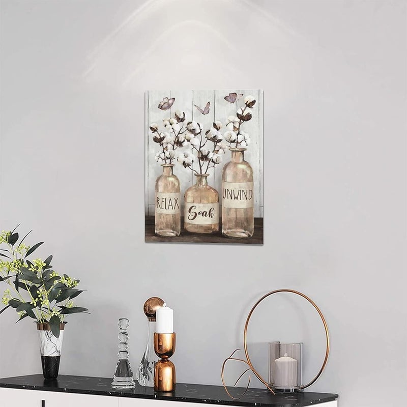 remzoke Farmhouse Bathroom Wall Art with Cotton Flowers and Butterflies - Image 3