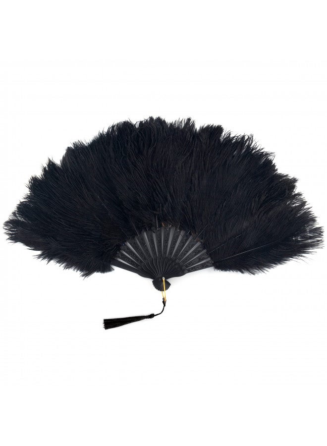 BABEYOND مروحة يد قابلة للطي من ريش النعام بأسلوب عتيق من BABEYOND - إكسسوارات فلابر من عشرينيات القرن الماضي (أسود) - Image 1