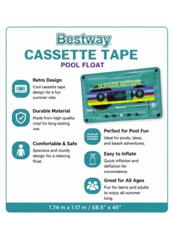Bestway Summer Mixtape Inflatable Cassette Tape Pool Float – 1.74m x 1.17m – Retro Design for Adults & Teens – Beach & Lake Air Mattress - Image 2