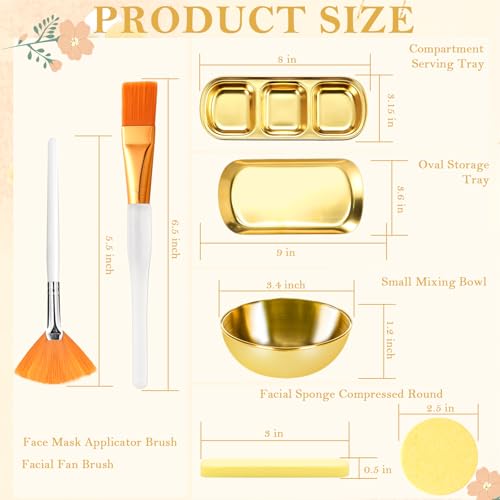 DLUGOPIS 23 Pcs Esthetician Supplies 3 Stainless Steel Gold Mixing Bowls Gold Small Serving Tray 3 Compartment Serving Tray 3 Facial Fan Brushes 3 Face Mask Applicator Brush 12 Facial Sponge Compressed Round - Image 3