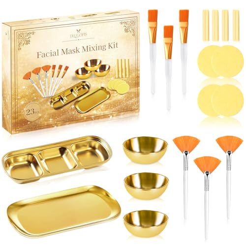 DLUGOPIS 23 Pcs Esthetician Supplies 3 Stainless Steel Gold Mixing Bowls Gold Small Serving Tray 3 Compartment Serving Tray 3 Facial Fan Brushes 3 Face Mask Applicator Brush 12 Facial Sponge Compressed Round - Image 1