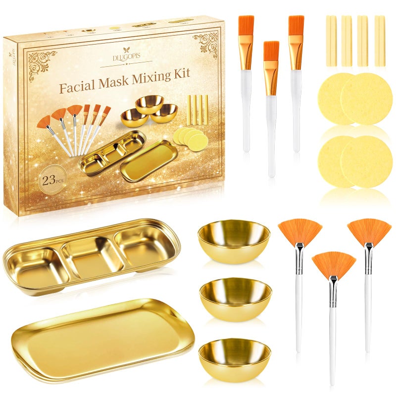 DLUGOPIS 23 Pcs Esthetician Supplies 3 Stainless Steel Gold Mixing Bowls Gold Small Serving Tray 3 Compartment Serving Tray 3 Facial Fan Brushes 3 Face Mask Applicator Brush 12 Facial Sponge Compressed Round - Image 2