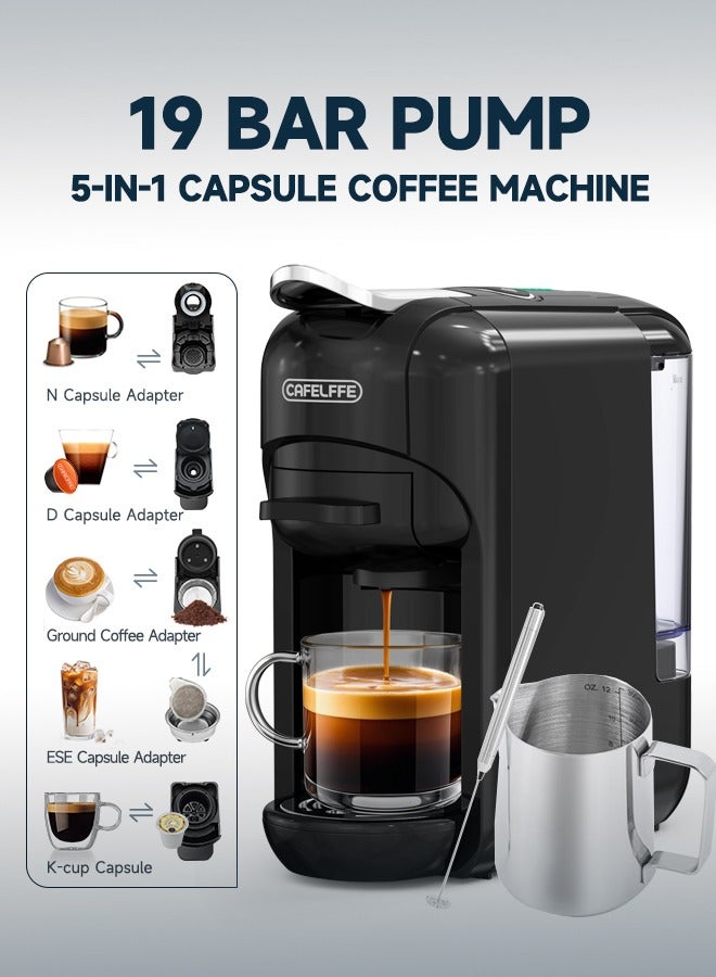 Cafelffe New 5 In 1 Automatic Capsule Coffee Machine With 7 Levels LED Bar Indicator,With A Handheld Milk Frother With 350ML Milk Pitcher Bundle Electric Milk Foamer Portable Mini Mixer Machine For Hot Chocolate Coffee - Image 1