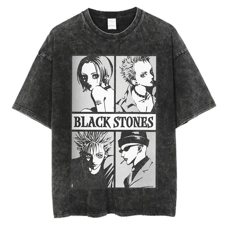New Vintage American Style Streetwear Cotton T-Shirt Short Sleeves Cartoon Anime Old NANA Washing Printing Harajuku Clothing 6 vintage black 