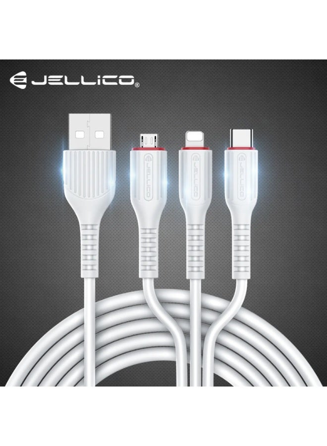 Jellico Mt13 Mata 3-in-1 Super Charge Data Cable with USB-A, Micro USB, Lightning, and USB-C Connectors, White - Image 1