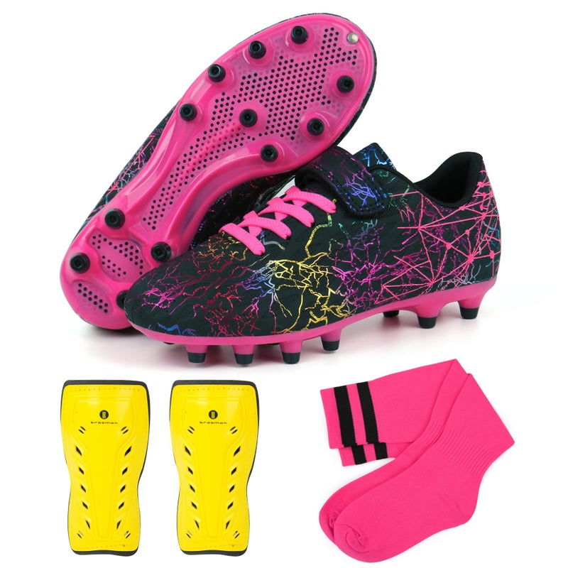 brooman Kids Firm Ground Soccer Cleats Girls Football Cleats with Shin Guards and Soccer Socks (1,Black Fuchsia) - Image 1