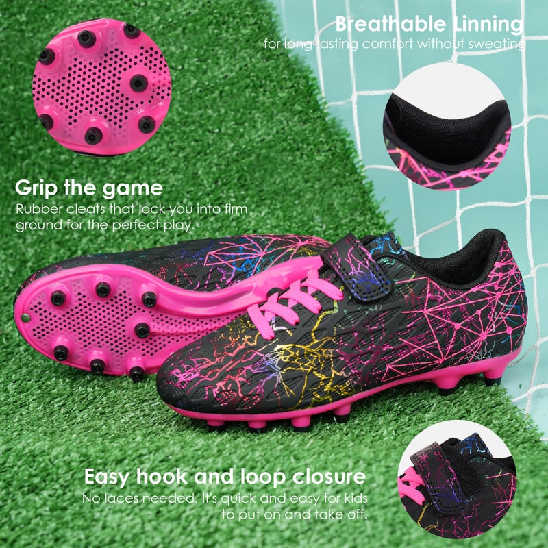 brooman Kids Firm Ground Soccer Cleats Girls Football Cleats with Shin Guards and Soccer Socks (1,Black Fuchsia) - Image 4