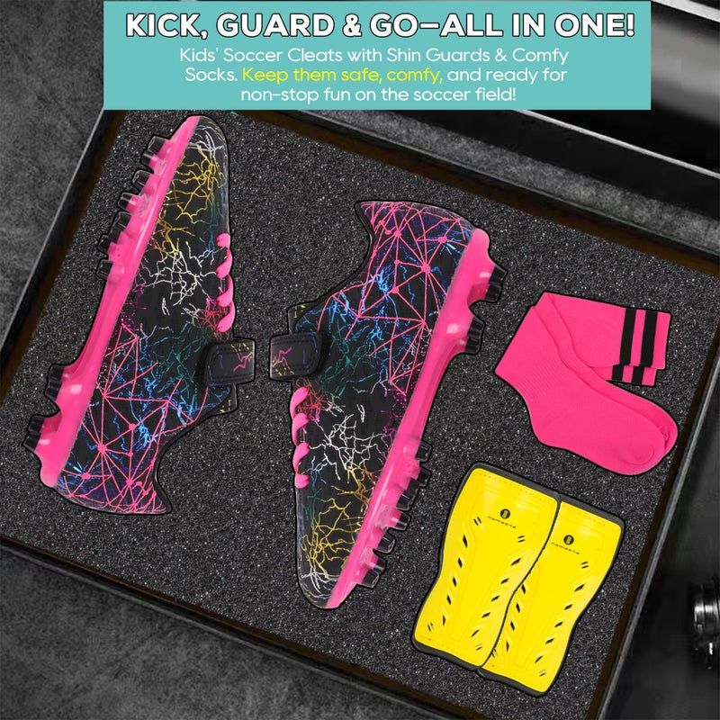 brooman Kids Firm Ground Soccer Cleats Girls Football Cleats with Shin Guards and Soccer Socks (1,Black Fuchsia) - Image 5