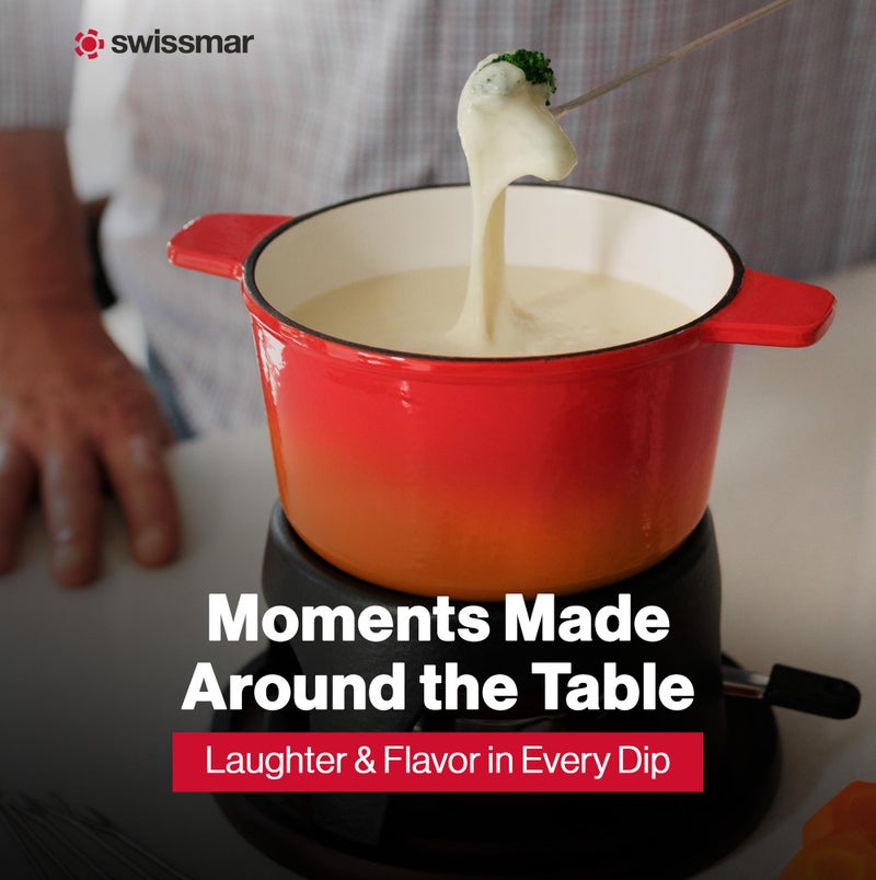 Swissmar Sierra Cast Iron Fondue Set, 1.6 Quart / 1.6 Liter â€“ Perfect for Meat, Cheese, & Chocolate Fondues â€“ Ideal for Family Bonding & Hosting Gifts - 12-Pieces, Gradient Orange - Image 4