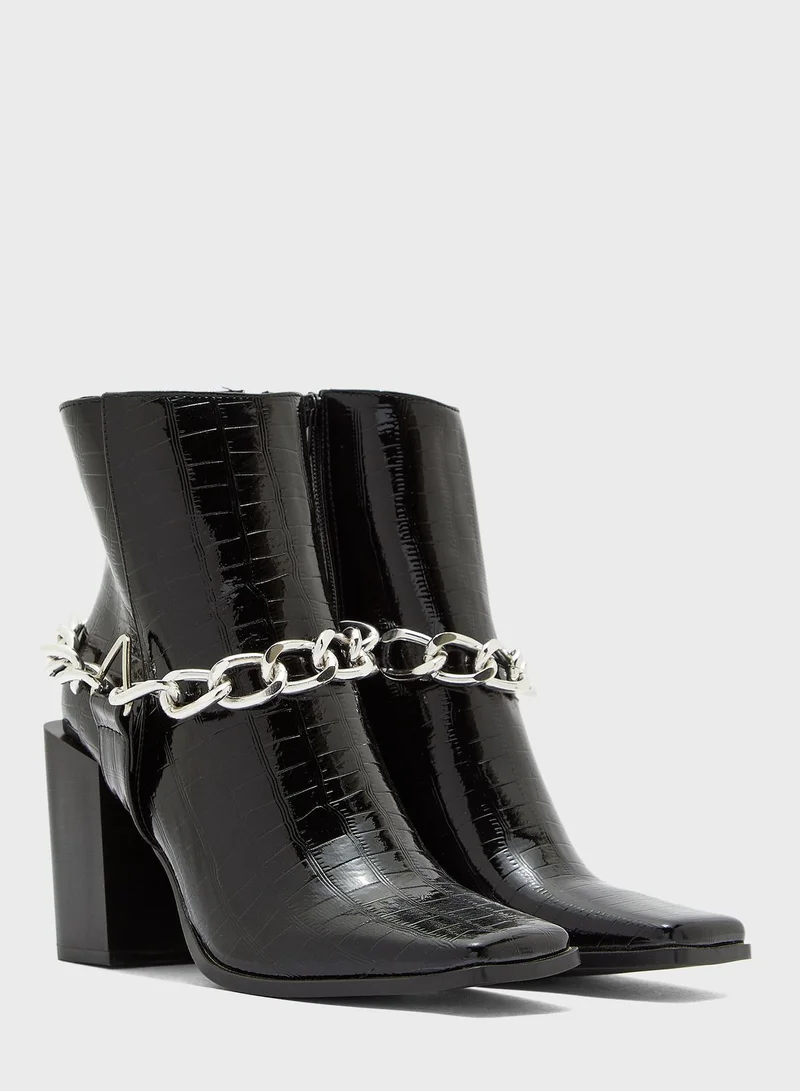 Truffle Patent Croc Effect Chain Detail Block Heel Boot