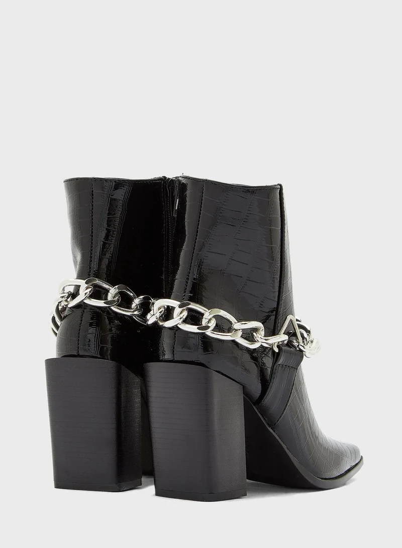 Truffle Patent Croc Effect Chain Detail Block Heel Boot