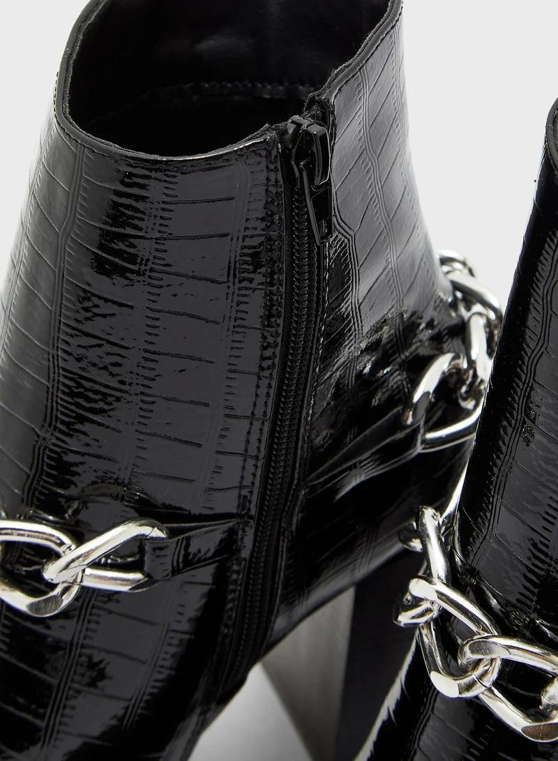 Truffle Patent Croc Effect Chain Detail Block Heel Boot