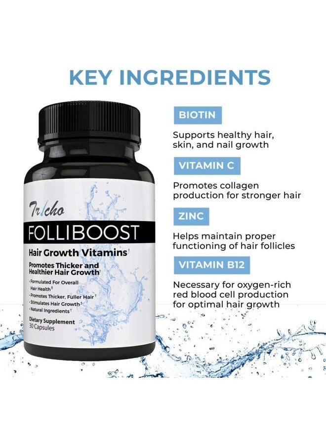 Folliboost - Tricho Hair Growth Vitamins - Biotin, Vitamin C, Zinc & Vitamin B12 - Hair Care Capsules for Thicker, Fuller & Healthier Hair - 3 Pack - Image 1